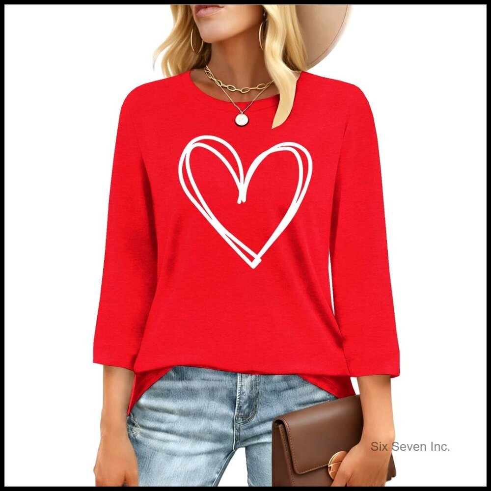 3/4 Sleeve Heart Print T-Shirt Casual Chic Valentine's Day Gift for Her